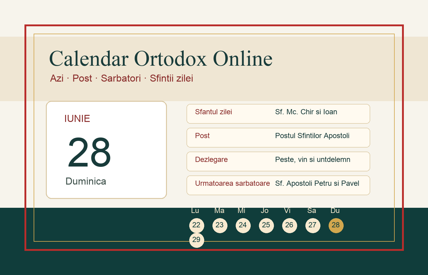 Previzualizare Calendar Ortodox Online pentru ziua de 28 iunie 2026